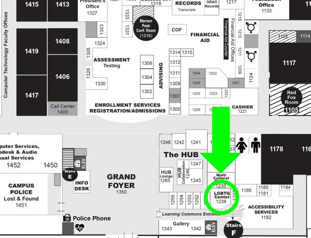 Map showing location of LGBTQ Center, located in room 1237; enter the main Learning Commons Doors, take an immediate right into the HUB, the LGBTQ+ Center past all the offices in the back right corner, between The Center for Inclusion & Diversity and the Center for Multcultural Excellence.