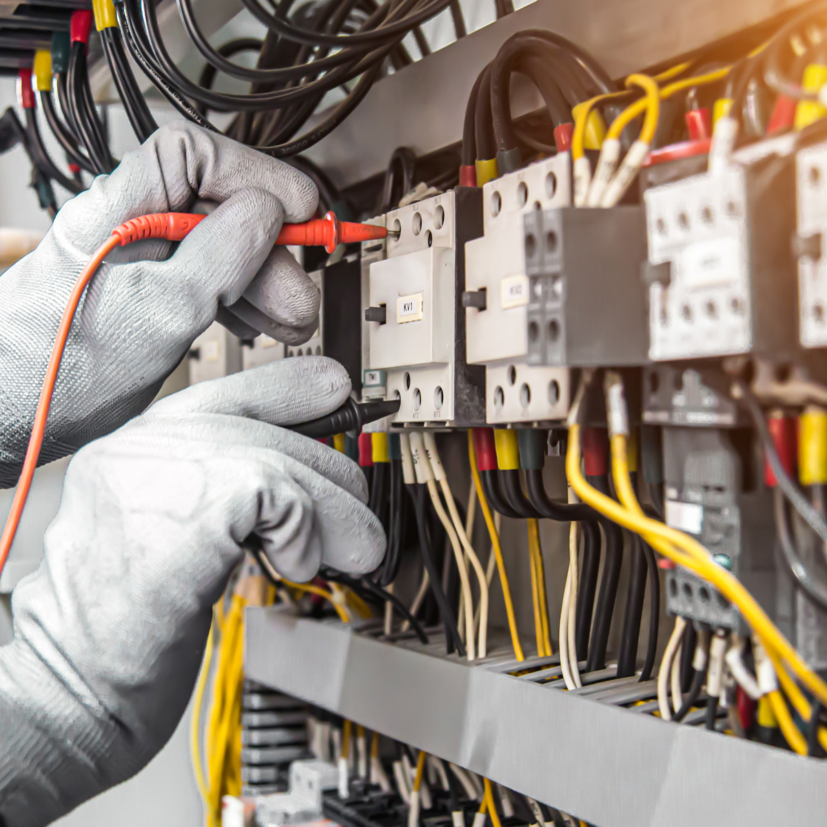 Electricity or electrical maintenance service, Electrician hand holding measuring meter checking electric current voltage circuit breaker cable