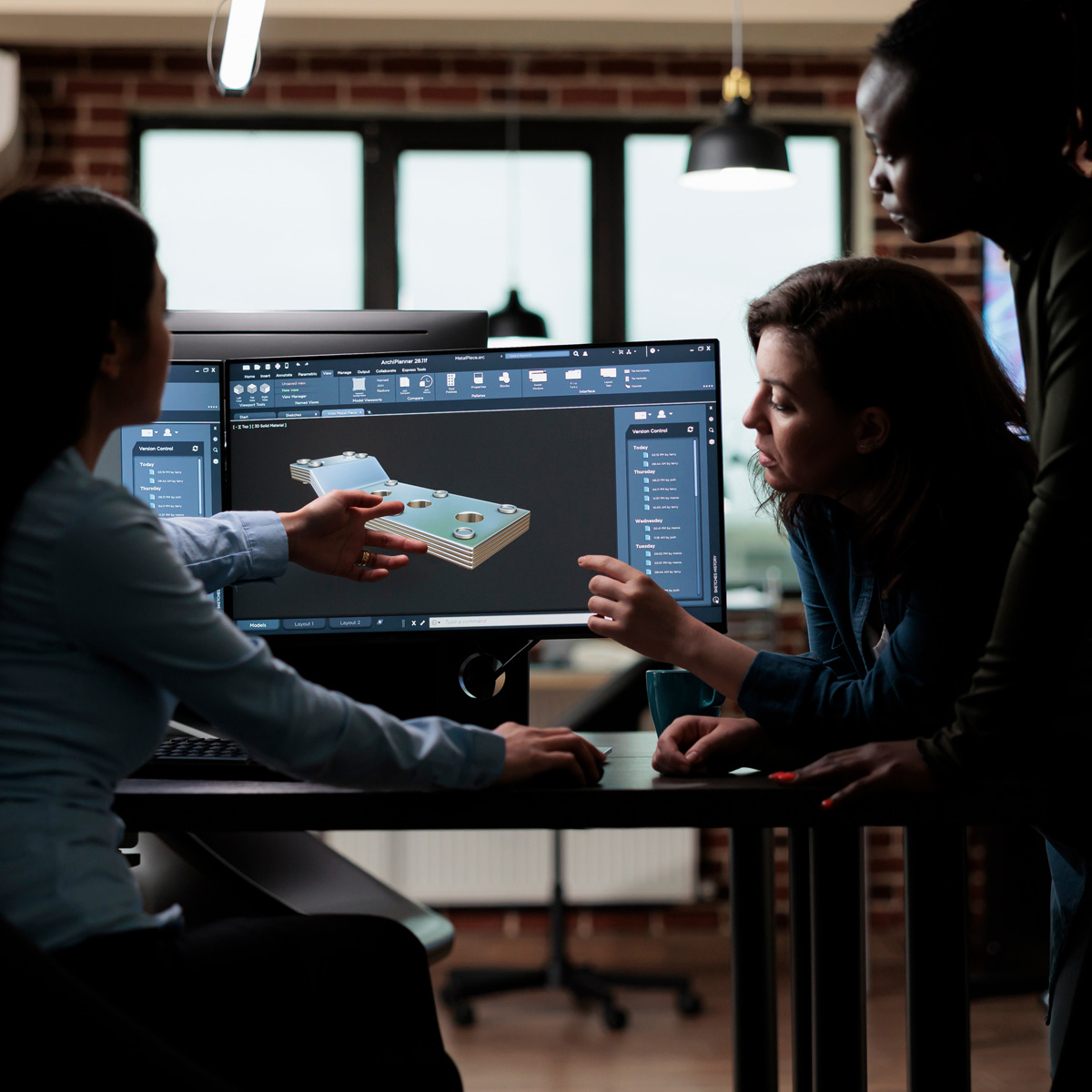 Production department team gathered around 3D artist engineer trying to solve geometry problem