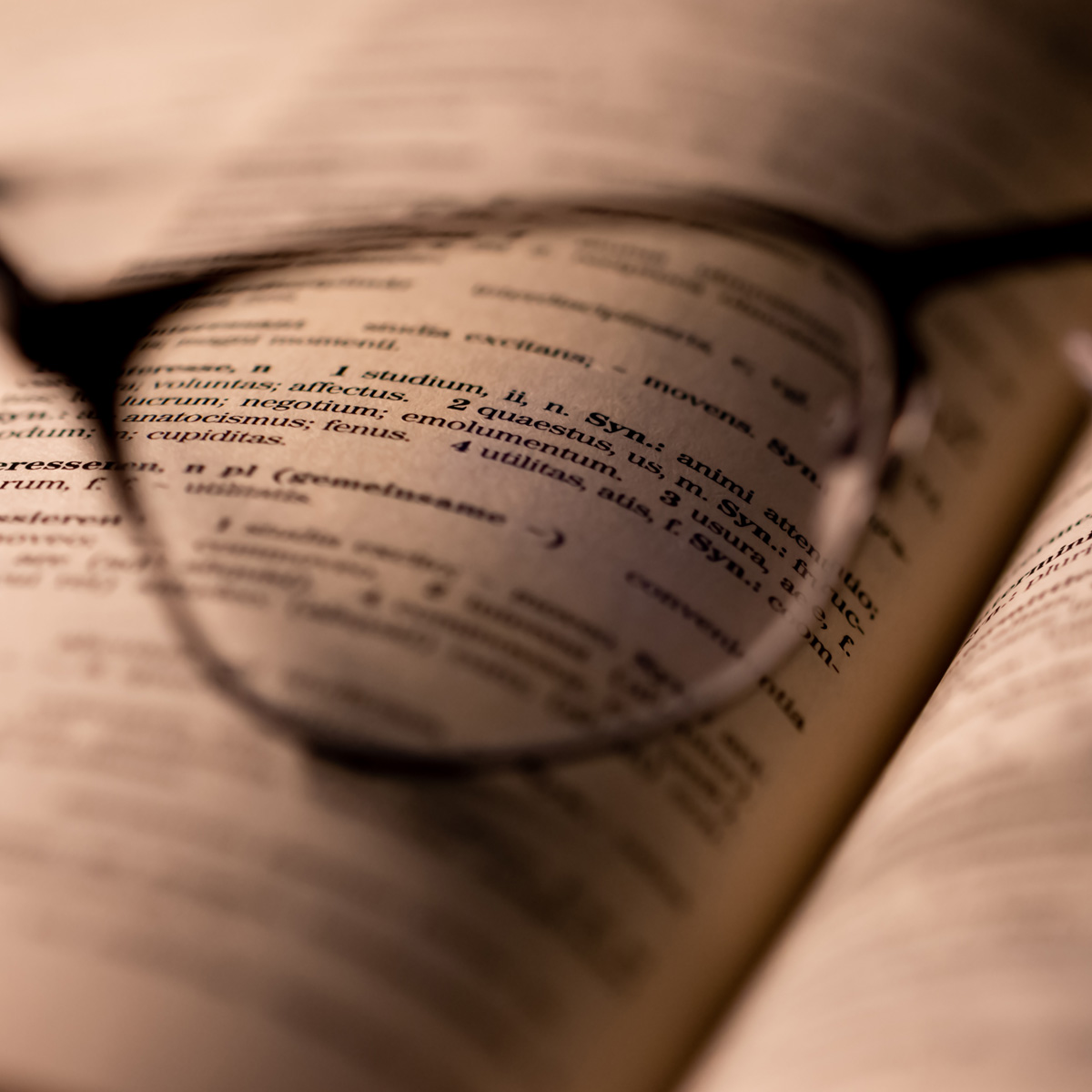 eye glasses sitting on an open dictionary