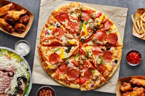pizza, wings and fries