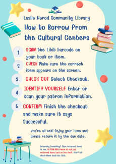 Colorful library infographic lists five borrowing steps; scan, check, check out, identify yourself, and confirm. with books and playful stars.