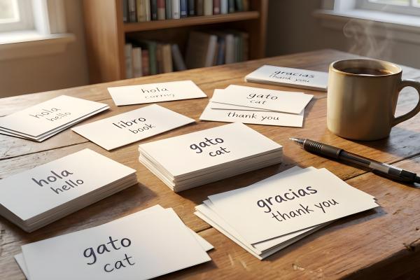 Notecards on a table with the words for cat, and thank you in English and Spanish.