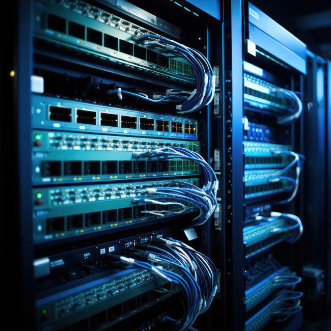 A shot of the network backbone in a server farm, with neatly organized cables and switches