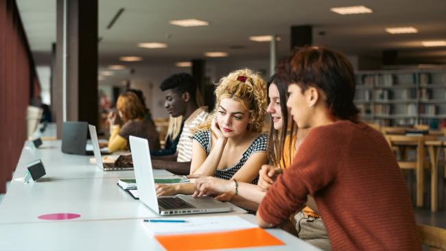 Young multiracial people studying in library