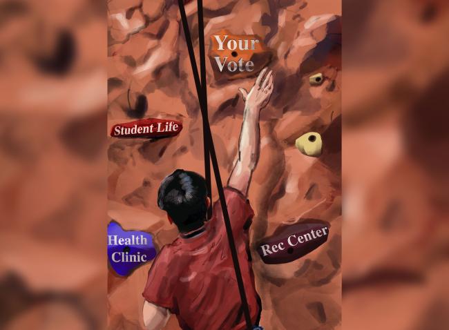 person climbing a rock wall with rocks labeled with "Your Vote", "Student Life", "Health Clinic", and "Rec Center"