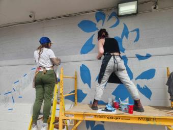 Two students stand on a scaffold and step ladder painting on a wall. 
