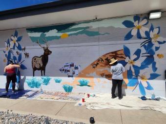 Two people are standing in the sun, painting a wall.