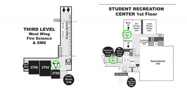 Gender nuteral bathrooms can also be found in the hallway leading to the Student Rec Center, inbetween the women's and men's lockerrooms, and on the 3rd floor of the Fire Science building.