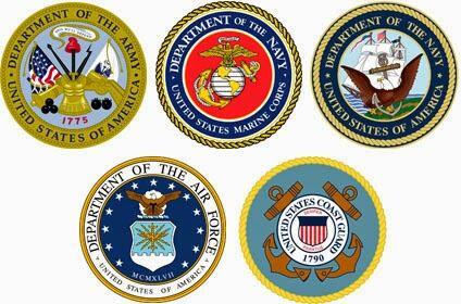 Logos of the United States Army, Marines, Navy, Air Force, and Coast Guard