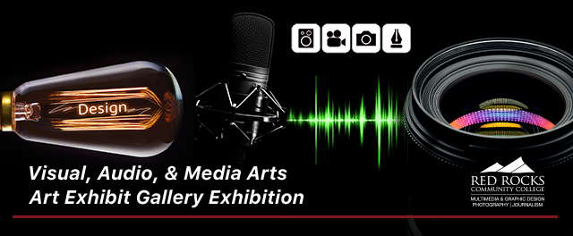 Header with VAMA Art Exhibition Text, with graphical elements (mic, lens, light bulb with the word design)